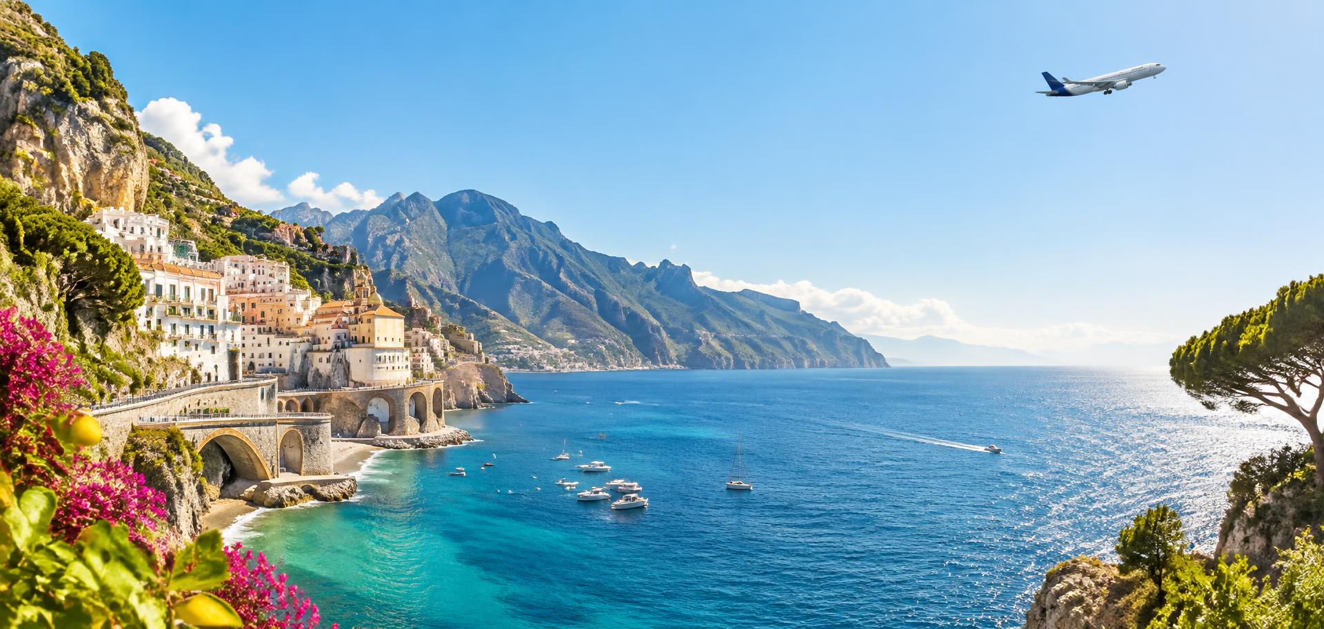 Mediterranean coastline and an airplane in a clear sky